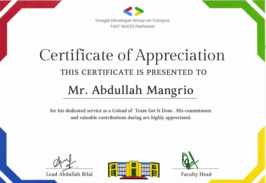 Preview of Abdullah Mangrio's GDGoC Co-Lead certificate of appreciation
