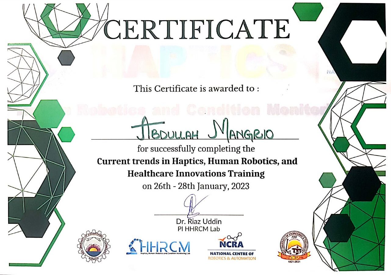 Preview of Abdullah Mangrio's haptics, human robotics, and healthcare innovations training certificate