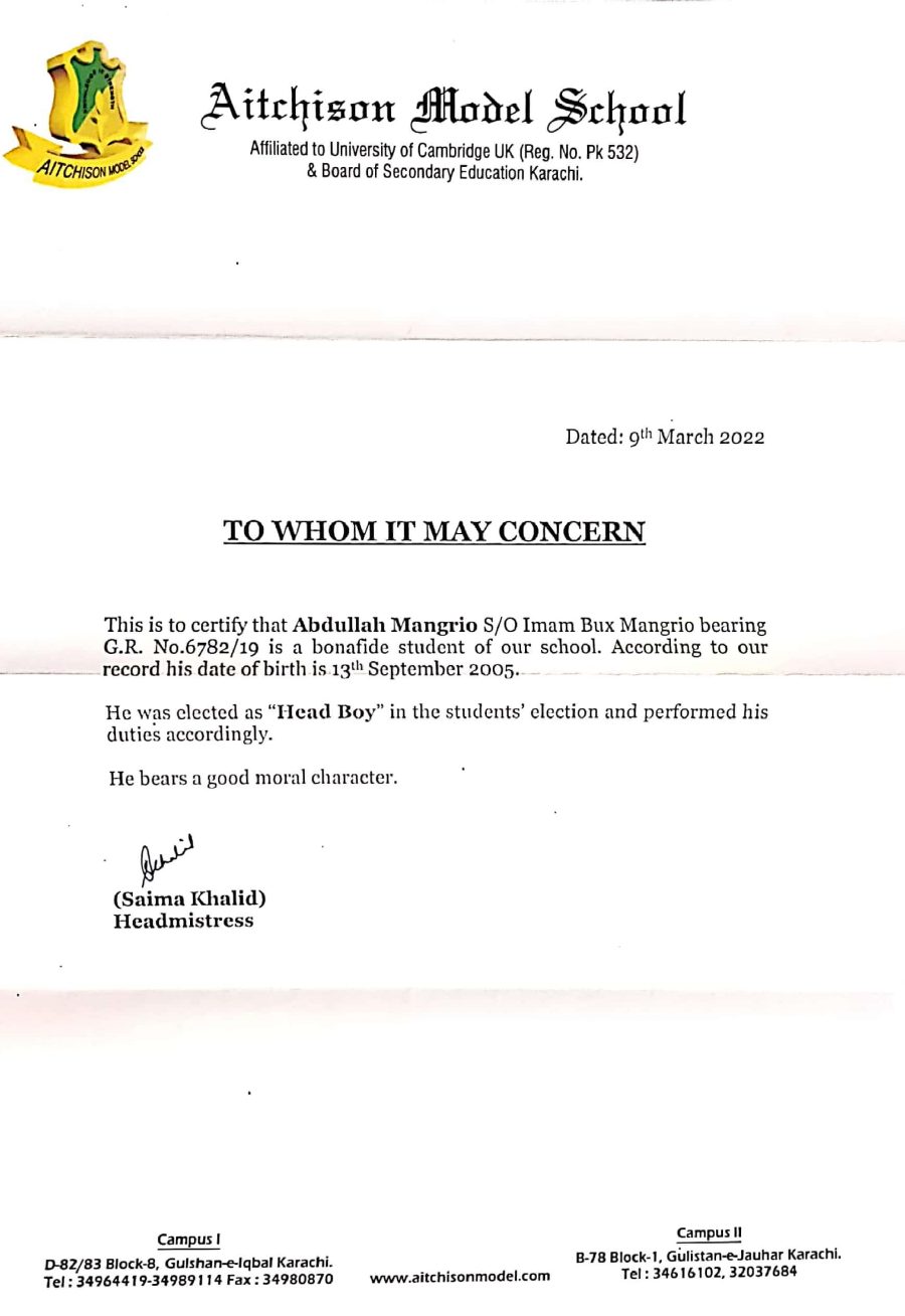 Preview of Abdullah Mangrio's Head Boy recognition from Aitchison Model School