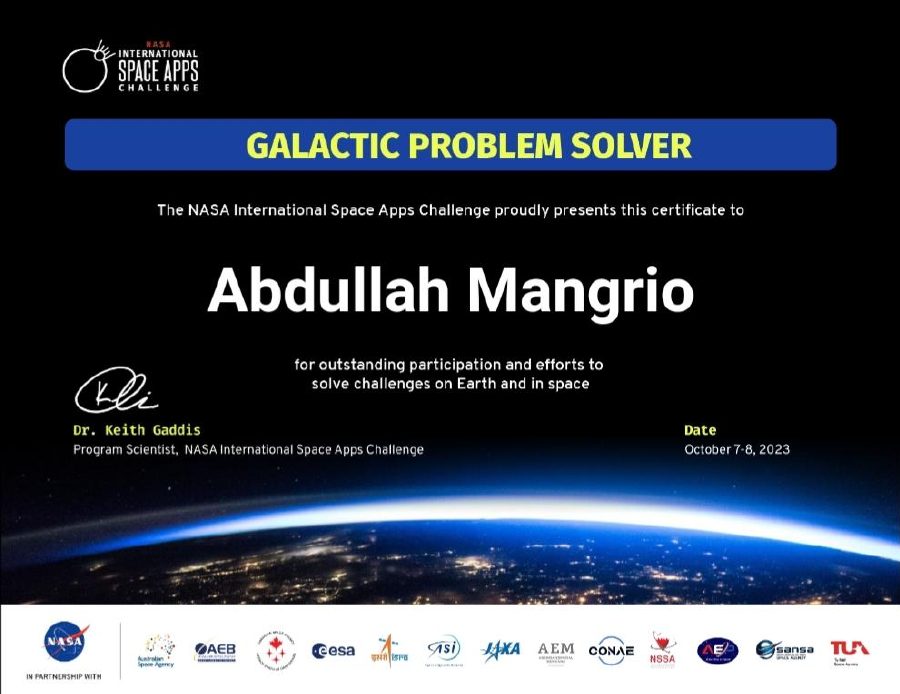 Preview of Abdullah Mangrio's NASA International Space Apps Challenge recognition