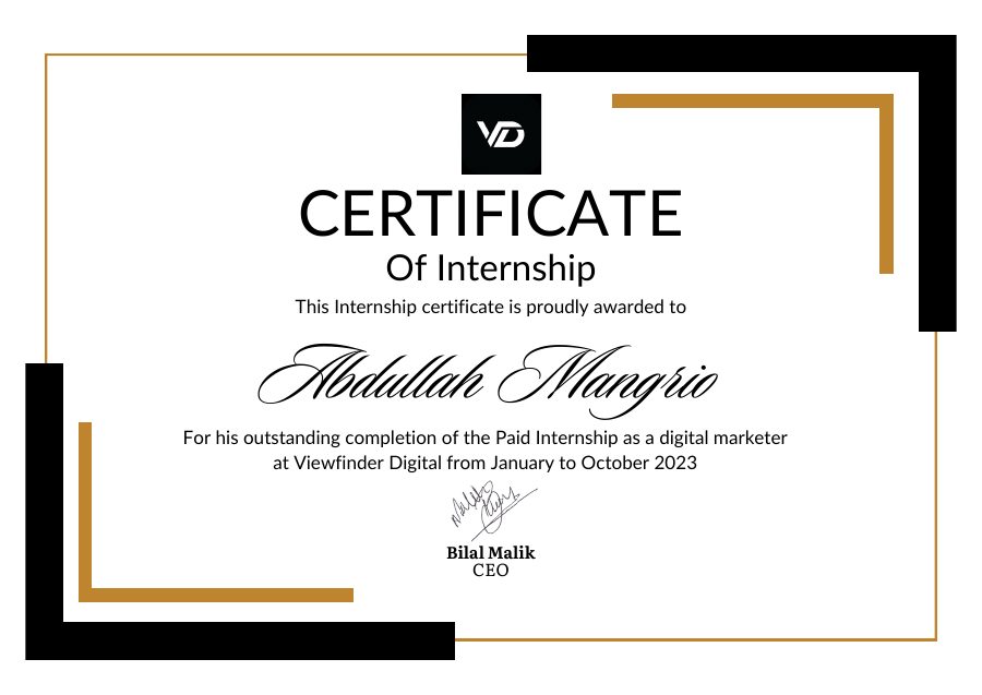 Preview of Abdullah Mangrio's paid digital marketing internship certificate