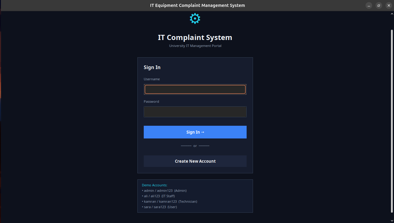IT Equipment Complaint Management System sign-in interface