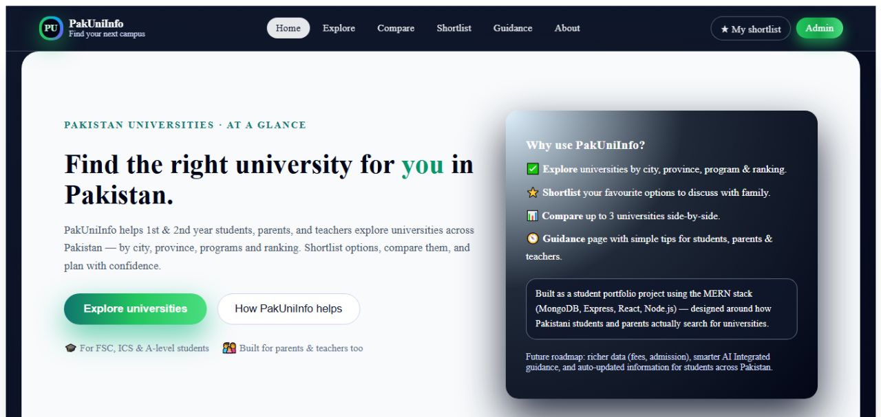 PakUniInfo university discovery landing page